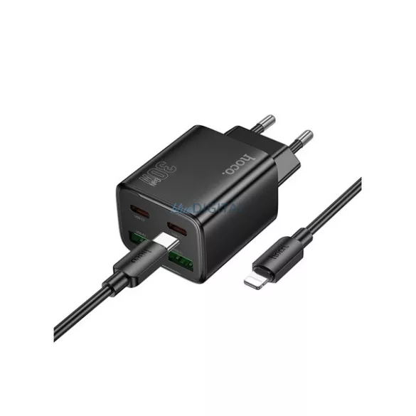HOCO N56 încărcător de energie 2 USB+2 prize Type-C (30W, GaN, PD încărcător rapid 3.0 + cablu Lightning) NEGRU