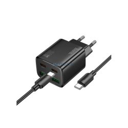   HOCO N56 încărcător de putere 2 USB+2 prize Type-C (30W, GaN, PD fast charger 3.0 + cablu Type-C) NEGRU