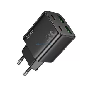 HOCO N56 Încărcător AC 2 USB+2 prize Type-C (30W, GaN, încărcător rapid PD 3.0) NEGRU