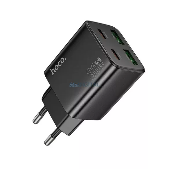 HOCO N56 Încărcător AC 2 USB+2 prize Type-C (30W, GaN, încărcător rapid PD 3.0) NEGRU