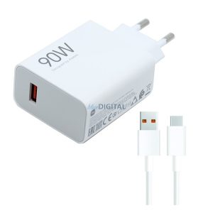 XIAOMI HYPERCHARGE COMBO încărcător de rețea priză USB (90W, încărcător rapid + cablu Type-C) ALB
