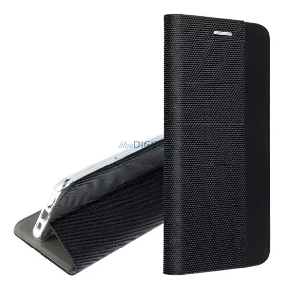 HUSĂ! - Carcasă permanentă cu efect de piele (FLIP, deschidere laterală, suport desktop, model textil) BLACK Xiaomi Redmi 15 5G