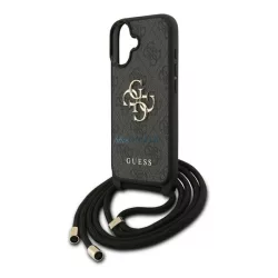   HUSĂ! - GUESS PU 4G METAL LOGO CROSSBODY STRAP plastic protector de telefon (rezistent la șocuri, efect de piele spate + curea de umăr) BLACK Apple iPhone 17