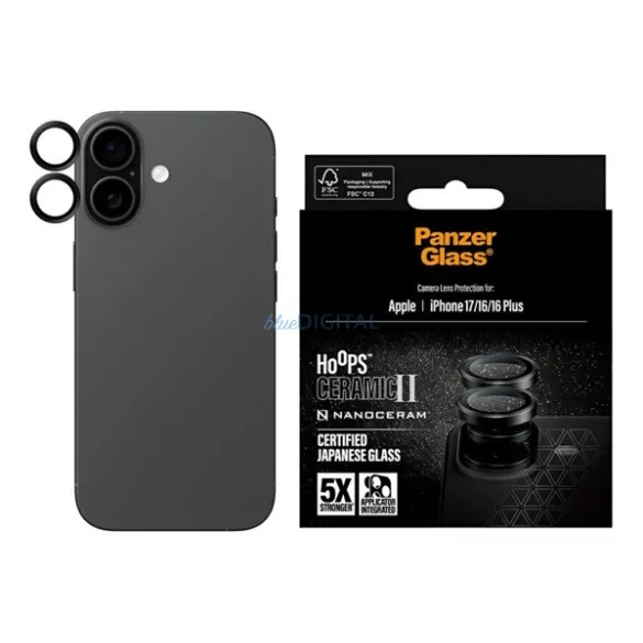 PANZERGLASS HOOPS CERAMIC II sticlă de protecție a camerei foto (9H + cadru) NEGRU Apple iPhone 17, iPhone 16 Plus, iPhone 16