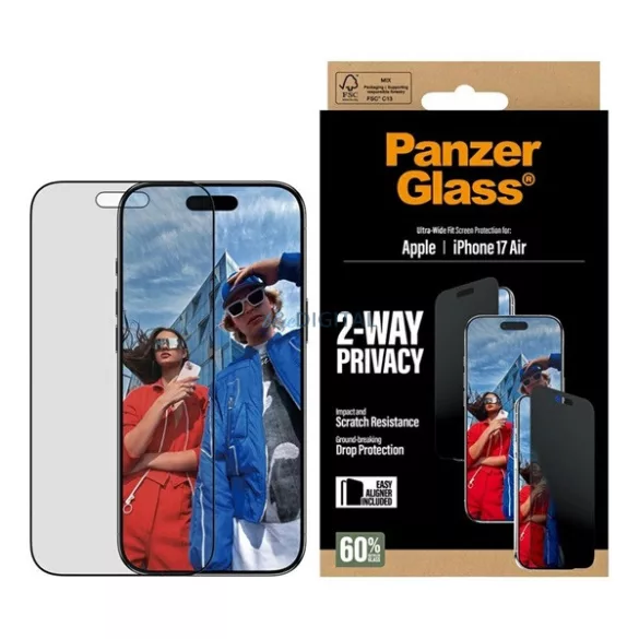 PANZERGLASS 2-WAY PRIVACY ULTRA-WIDE EASYALIGNER ecran protector de sticlă (anti-orbire, rezistent la zgârieturi + cadru) BLACK Apple iPhone Air