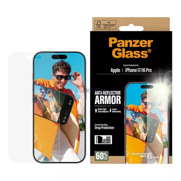 PANZERGLASS ANTI-REFLECTIVE ARMOR EASYALIGNER ecran protector de sticlă (anti-orbire + cadru) pentru Apple iPhone 16 Pro, iPhone 17