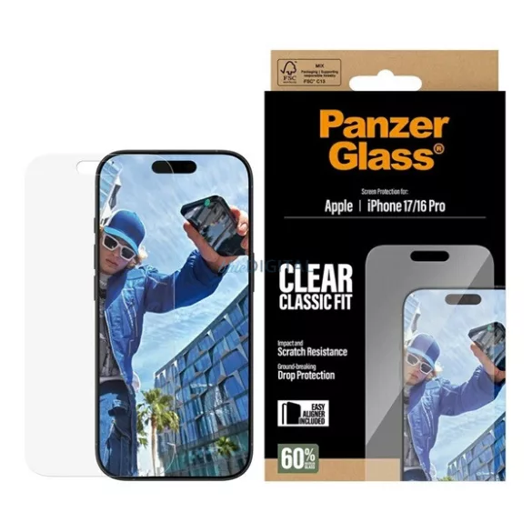 PANZERGLASS CLASSIC FIT EASYALIGNER ecran protector de sticlă (strat oleofobic + cadru de sprijin) pentru Apple iPhone 16 Pro, iPhone 17