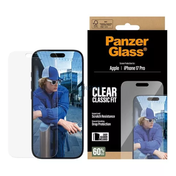 PANZERGLASS CLASSIC FIT EASYALIGNER ecran protector de sticlă (strat oleofobic + cadru de sprijin) pentru Apple iPhone 17 Pro