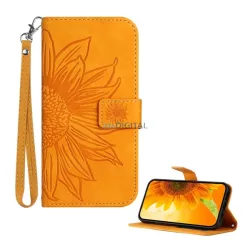   HUSĂ! - Husă permanentă, efect piele (FLIP, deschidere laterală, suport pentru birou, suport pentru carduri bancare + curea pentru încheietura mâinii, model floarea soarelui) NARANSSÁRGA T Phone 3 5G