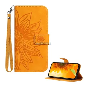 HUSĂ! - Husă permanentă, efect piele (FLIP, deschidere laterală, suport pentru birou, suport pentru carduri bancare + curea pentru încheietura mâinii, model floarea soarelui) NARANSSÁRGA T Phone 3 5G