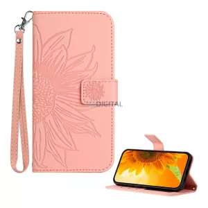 HUSĂ! - Carcasă permanentă, efect piele (FLIP, deschidere laterală, suport birou, suport card de credit + curea de încheietură, model floarea soarelui) ROSS CHINA T Phone 3 5G