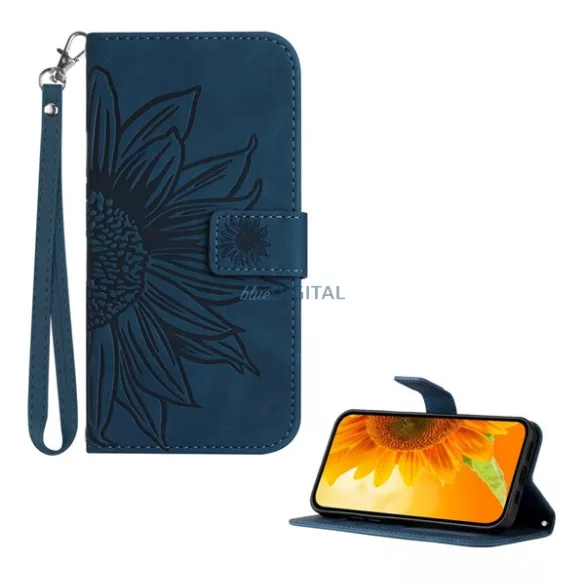 HUSĂ! - Carcasă permanentă, efect piele (FLIP, deschidere laterală, suport pentru birou, suport pentru carduri de credit + curea de mână, model floarea soarelui) TONE BLUE T Phone 3 5G