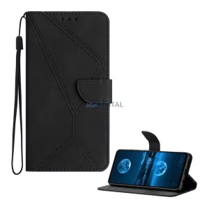 HUSĂ! - Carcasă permanentă, efect piele (FLIP, deschidere laterală, suport birou, suport card bancar, model cusături + curea de încheietură) BLACK T Phone 3 5G