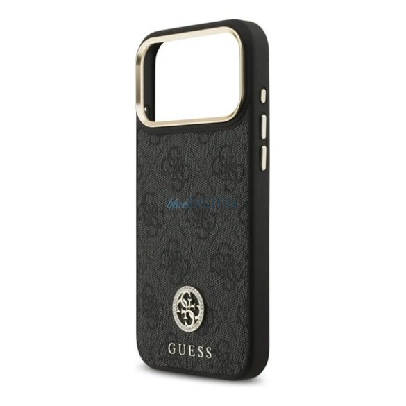 HUSĂ! - GUESS 4G STRASS LOGO & BIG STRAP METAL BUTTONS silicon protector de telefon (piele efect spate, MagSafe + curea de umăr) BLACK Apple iPhone 17 Pro Max