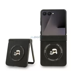   HUSĂ! - KARL LAGERFELD PU KARL ȘI CHOUPETTE HEADS silicon protector de telefon (rezistent la șocuri, efect de piele spate, MagSafe) BLACK Samsung Galaxy Z Flip7 (SM-F766)