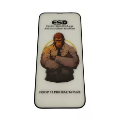   iPhone 13 Pro Max / 14 Plus (6.7") folie de sticlă frontală, temperată, cadru negru, 9H, capac complet, ESD (fără ambalaj și accesorii)