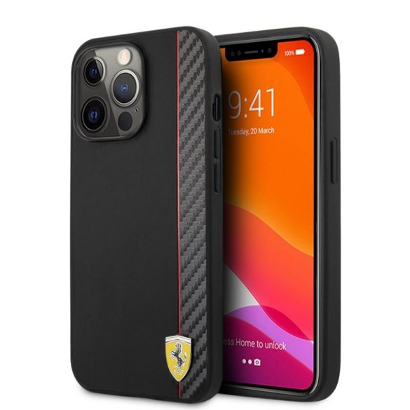Carcasă Ferrari „Smooth and Carbon” pentru iPhone 13 Pro (6.1"), neagră, cu dungi roșii