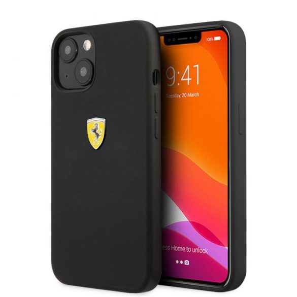 Carcasă din spate neagră pentru iPhone 13 (6,1"), cu sigla metalică din silicon lichid Ferrari