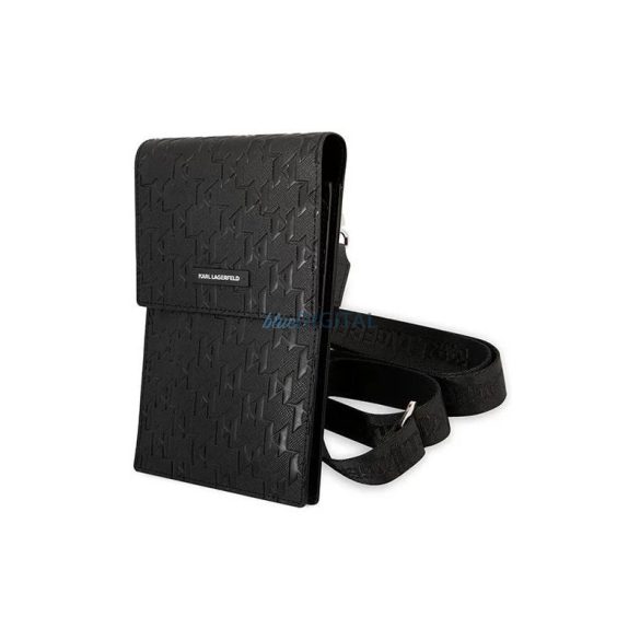 Geantă pentru telefon cu curea de umăr, piele EKO, neagră, Karl Lagerfeld Saffiano Monogram (KLWBSAMSMK)