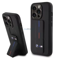   HUSĂ! - Carcasă din spate pentru iPhone 15 Pro (6.1"), PU, ​​ieșită în evidență, neagră, BMW M Grip Stand Tricolor Line (BMHCP15L22GSLK)