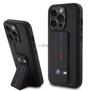 Carcasa spate iPhone 15 Pro Max (6.7"), PU, ​​poate fi suportata, neagra, BMW M Grip Stand Tricolor Line (BMHCP15X22GSLK)