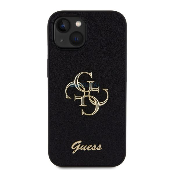 Carcasă din spate pentru iPhone 15 (6.1"), PU, ​​negru/sclipici, Logo GUESS Fixed Glitter 4G Metal (GUHCP15SHG4SGK)