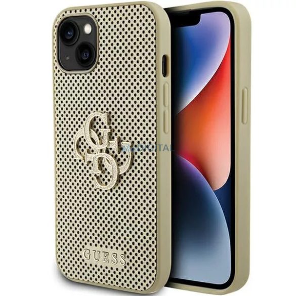 Carcasă din spate pentru iPhone 15 Pro (6.1"), PU, ​​auriu, sigla metalică cu sclipici 4G perforată GUESS (GUHCP15LPSP4LGD)
