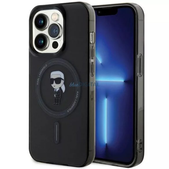 Husa din spate pentru iPhone 15 Pro (6.1"), plastic, transparent/negru, securitate, Karl Lagerfeld IML Ikonik MagSafe (KLHMP15LHFCKNOK)
