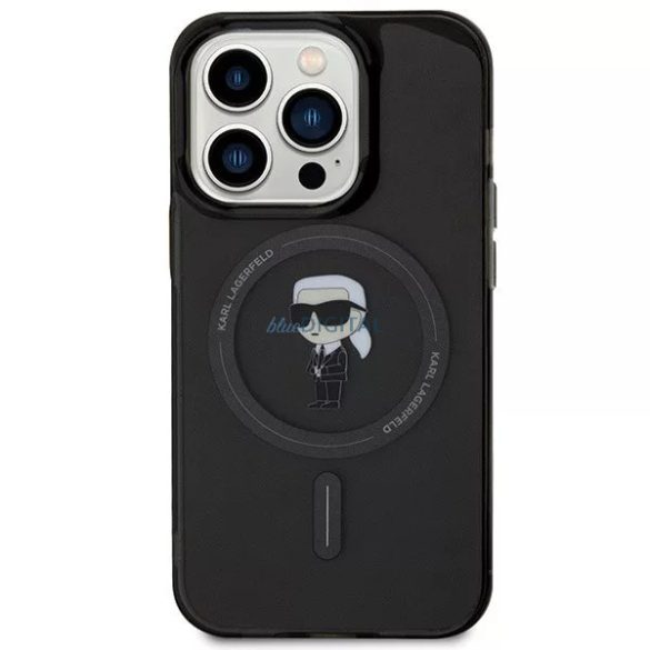 Husa din spate pentru iPhone 15 Pro (6.1"), plastic, transparent/negru, securitate, Karl Lagerfeld IML Ikonik MagSafe (KLHMP15LHFCKNOK)