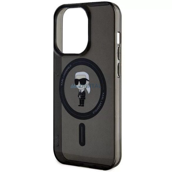 Husa din spate pentru iPhone 15 Pro (6.1"), plastic, transparent/negru, securitate, Karl Lagerfeld IML Ikonik MagSafe (KLHMP15LHFCKNOK)