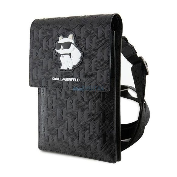 Suport pentru telefon cu curea de umăr, piele EKO, negru, Karl Lagerfeld Saffiano Monogram Choupette (KLWBSAKHPCK)