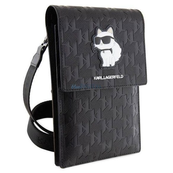 Suport pentru telefon cu curea de umăr, piele EKO, negru, Karl Lagerfeld Saffiano Monogram Choupette (KLWBSAKHPCK)