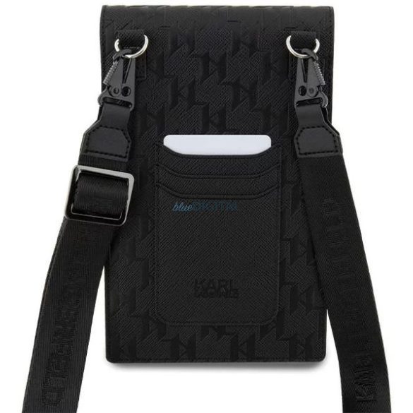 Suport pentru telefon cu curea de umăr, piele EKO, negru, Karl Lagerfeld Saffiano Monogram Choupette (KLWBSAKHPCK)