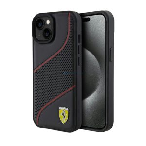 Husă din spate pentru iPhone 15 Pro (6,1"), piele PU, neagră, Ferrari Perforated Slanted Line (FEHCP15LPWAK)