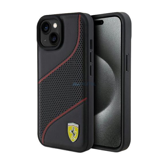 Husă din spate pentru iPhone 15 Pro (6,1"), piele PU, neagră, Ferrari Perforated Slanted Line (FEHCP15LPWAK)