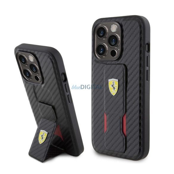 Carcasa spate iPhone 15 Pro Max (6.7"), PU, ​​model carbon, poate fi suportata, neagra, suport Ferrari Grip (FEHCP15XGSNCAK)