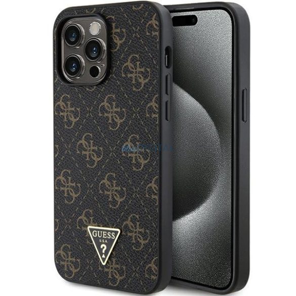 Carcasă din spate pentru iPhone 15 Pro (6.1"), PU, ​​neagră, sigla GUESS Triangle Metal (GUHCP15LPG4GPK)