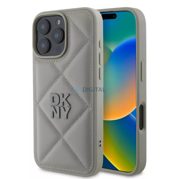 HUSĂ! - Husă spate pentru iPhone 16 Pro (6.3"), PU, gri, DKNY PU Leather Quilted Stack Logo