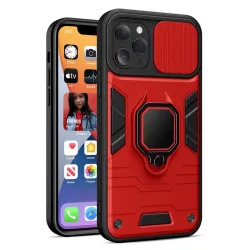   HUSĂ! - Carcasă din spate iPhone 13 Pro (6.1") rezistentă la șocuri, carcasă PC/TPU, cu protecție pentru cameră, roșu-negru, poate fi susținută, obiectiv inel