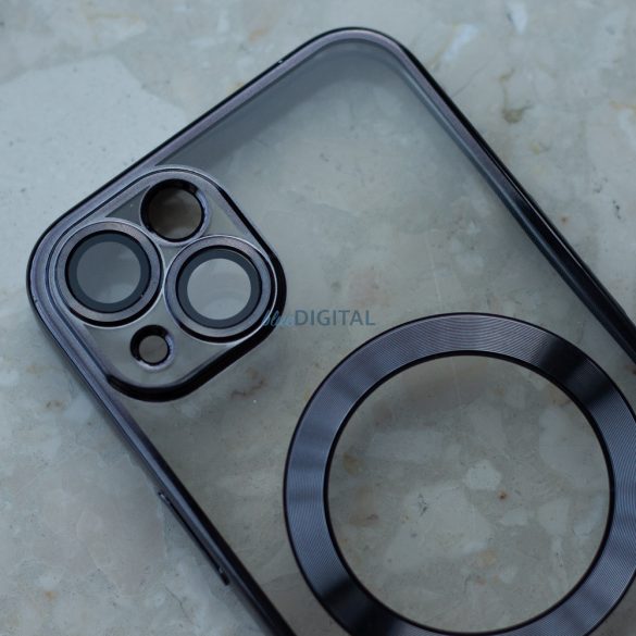 iPhone 15 Pro Max (6.7")Husădin silicon,HusăTPU, protecție pentru cameră, magsafe, luneta cromată, negru, culoare Chrome Mag