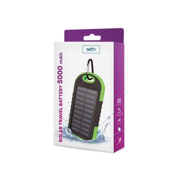 Bancă de energie solară, 5000mAh, 2x USB, verde, Setty