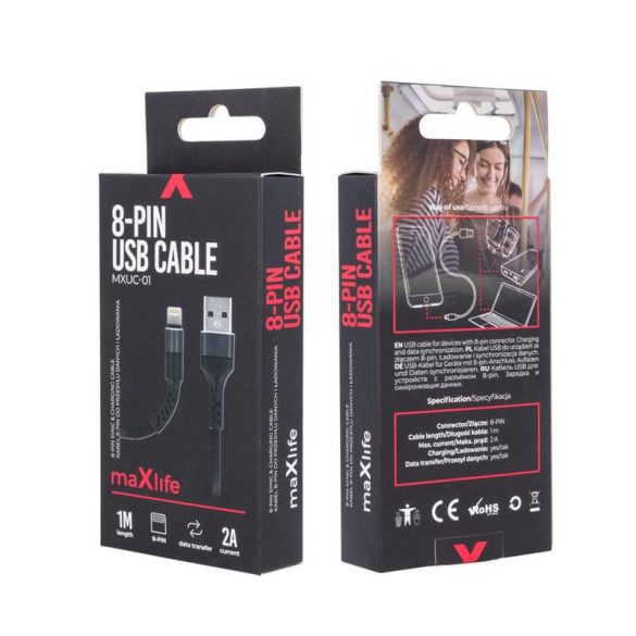 Cablu de date iPhone 8pin, acoperit cu material, 1M, 2A, negru, Maxlife MXUC-01