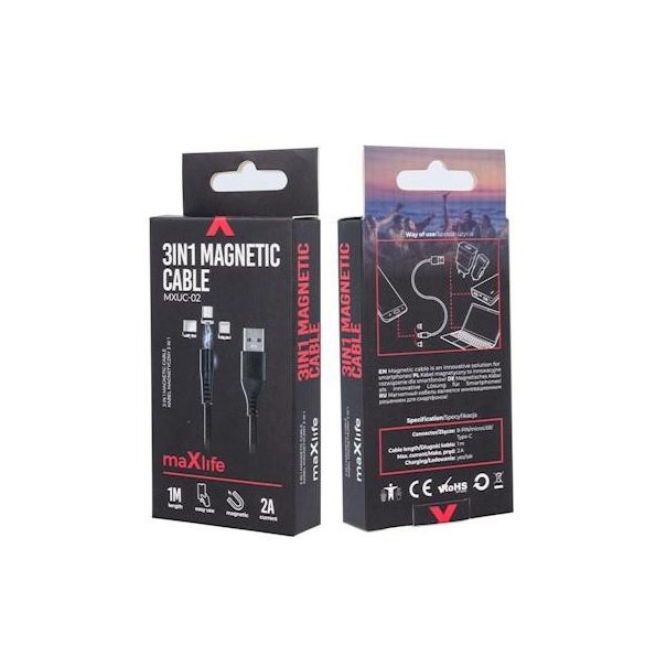 Maxlife MXUC-03 magnetic 3in1 iPhone 8pin Type-C Cablu de date micro USB negru 3A