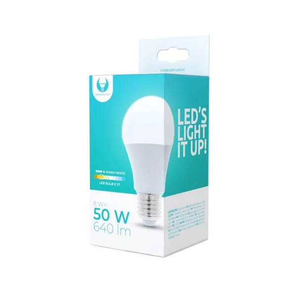 Bec LED E27 / A60, 8W, 3000K, 640lm, lumină albă caldă, Forever Light