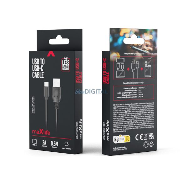Cablu de date cu încărcare rapidă Type-C, 2A, 0,5M, negru, Maxlife
