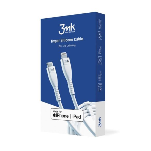 Tip C - cablu de date iPhone 8pin, 1m, 3A, alb, 3mk Hyper Silicone