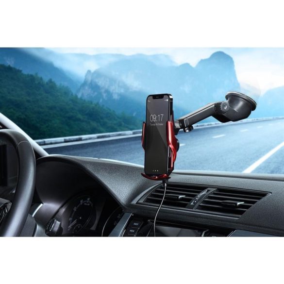 Suport auto universal / cu încărcare fără fir (Wireless), închidere automată, 15W, rotativ 360°, roșu, Forcell HS1