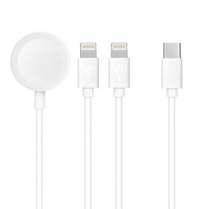 3in1 iPhone 8pin + iPhone 8pin + cablu alb de incarcare Apple Watch cu conector de tip C 1A 3W