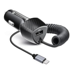Cap de încărcare țigări, 1X USB, cu cablu tip C, 38 W, model carbon, negru, Forcell