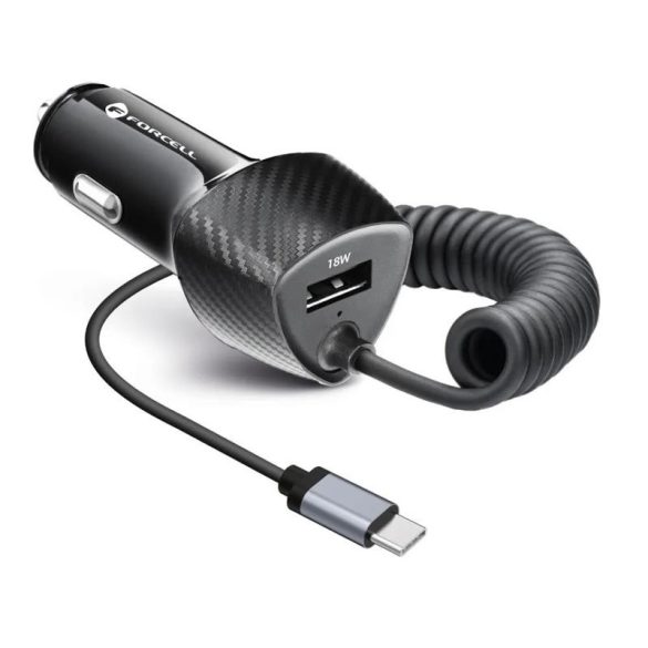 Cap de încărcare țigări, 1X USB, cu cablu tip C, 38 W, model carbon, negru, Forcell